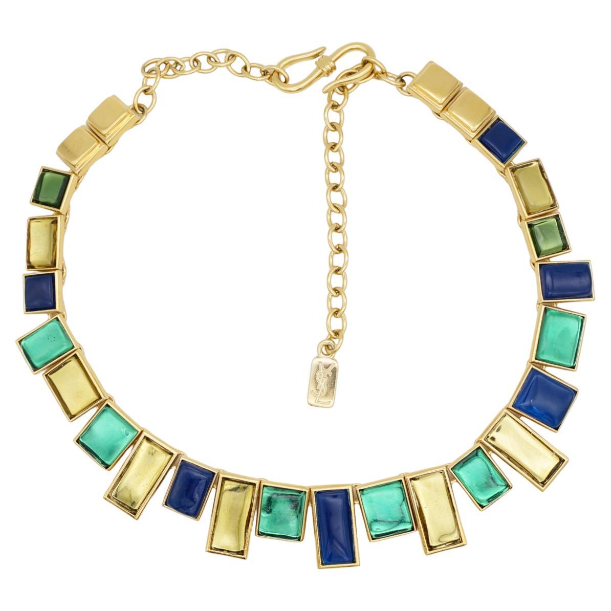 Yves Saint Laurent YSL Mondrian Sapphire Emerald Citrine Rectangle Gold Necklace