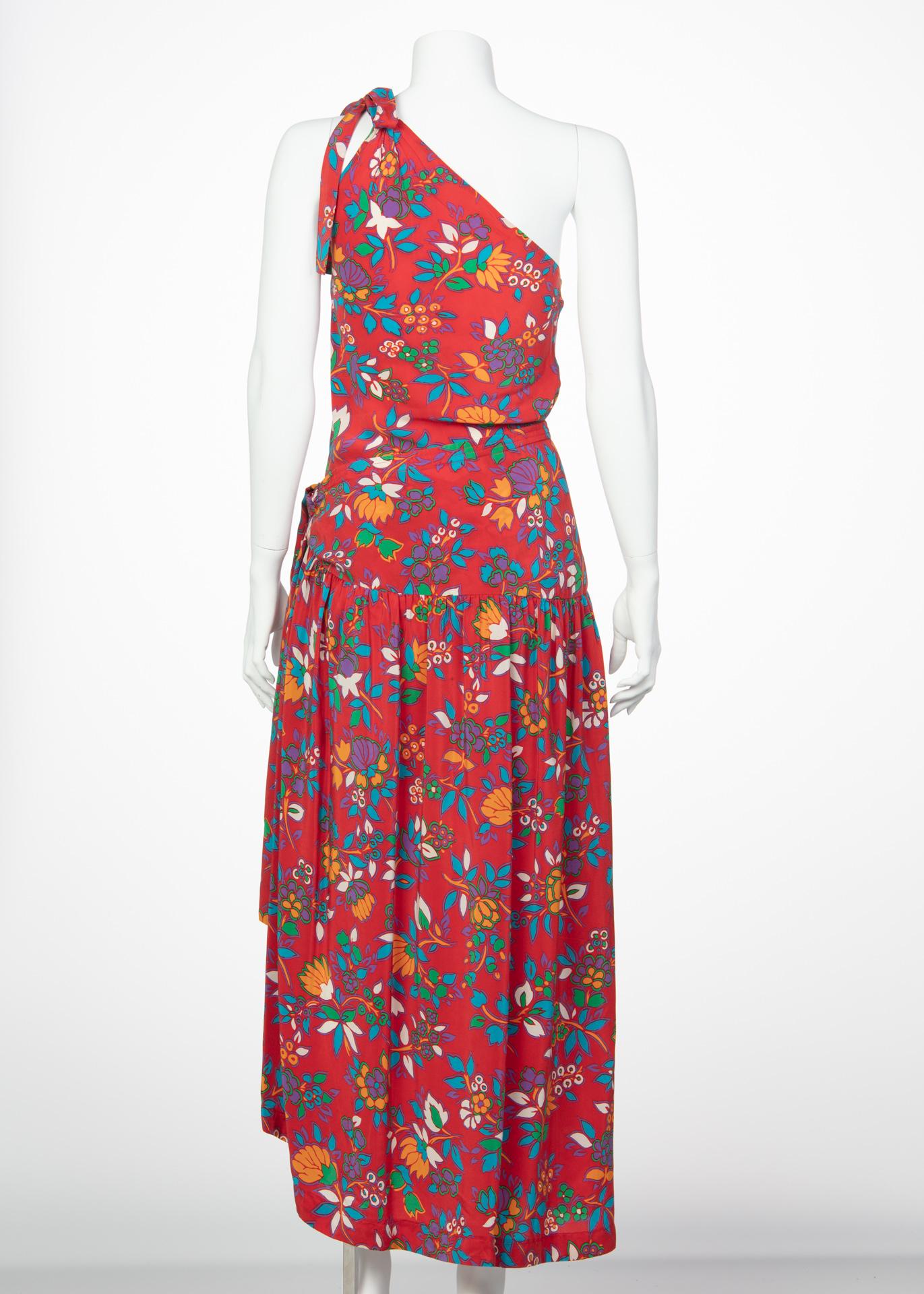 Yves Saint Laurent YSL Multicolor Floral Print Top and Skirt Set, 1980s In Good Condition For Sale In Boca Raton, FL