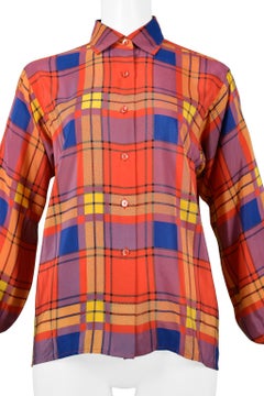 Yves Saint Laurent YSL Multicolor Plaid Silk Blouse 1980s