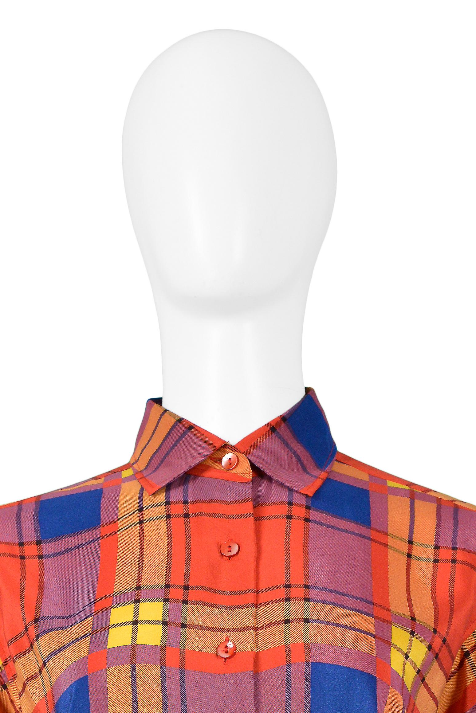 Yves Saint Laurent YSL Multicolor Plaid Silk Blouse 1980s In Excellent Condition For Sale In Los Angeles, CA