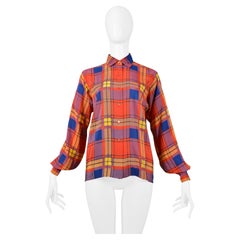 Yves Saint Laurent YSL Multicolor Plaid Silk Blouse 1980s