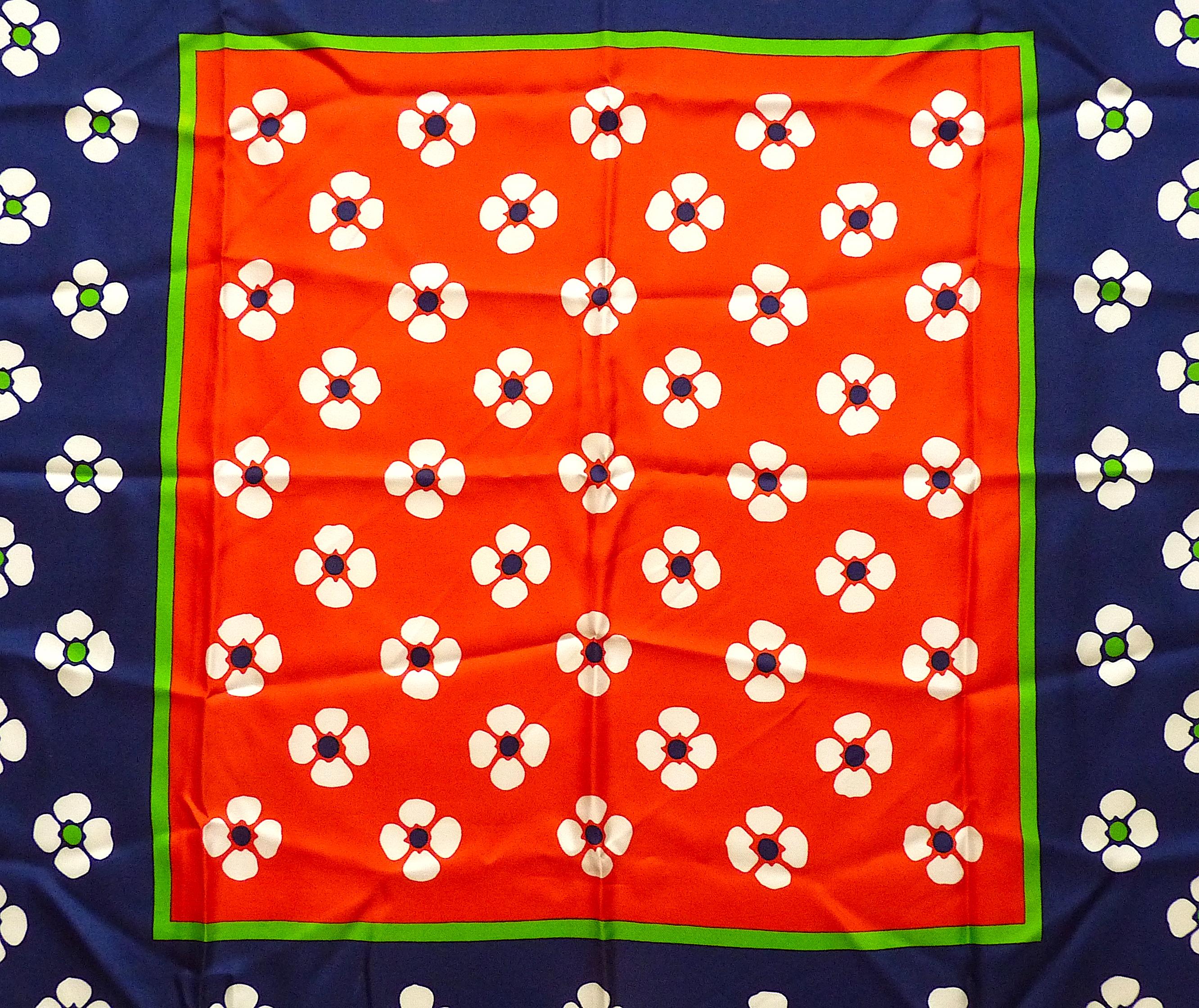 Women's Yves Saint Laurent YSL Navy Red Green Flowers Silk Scarf from the 1970s