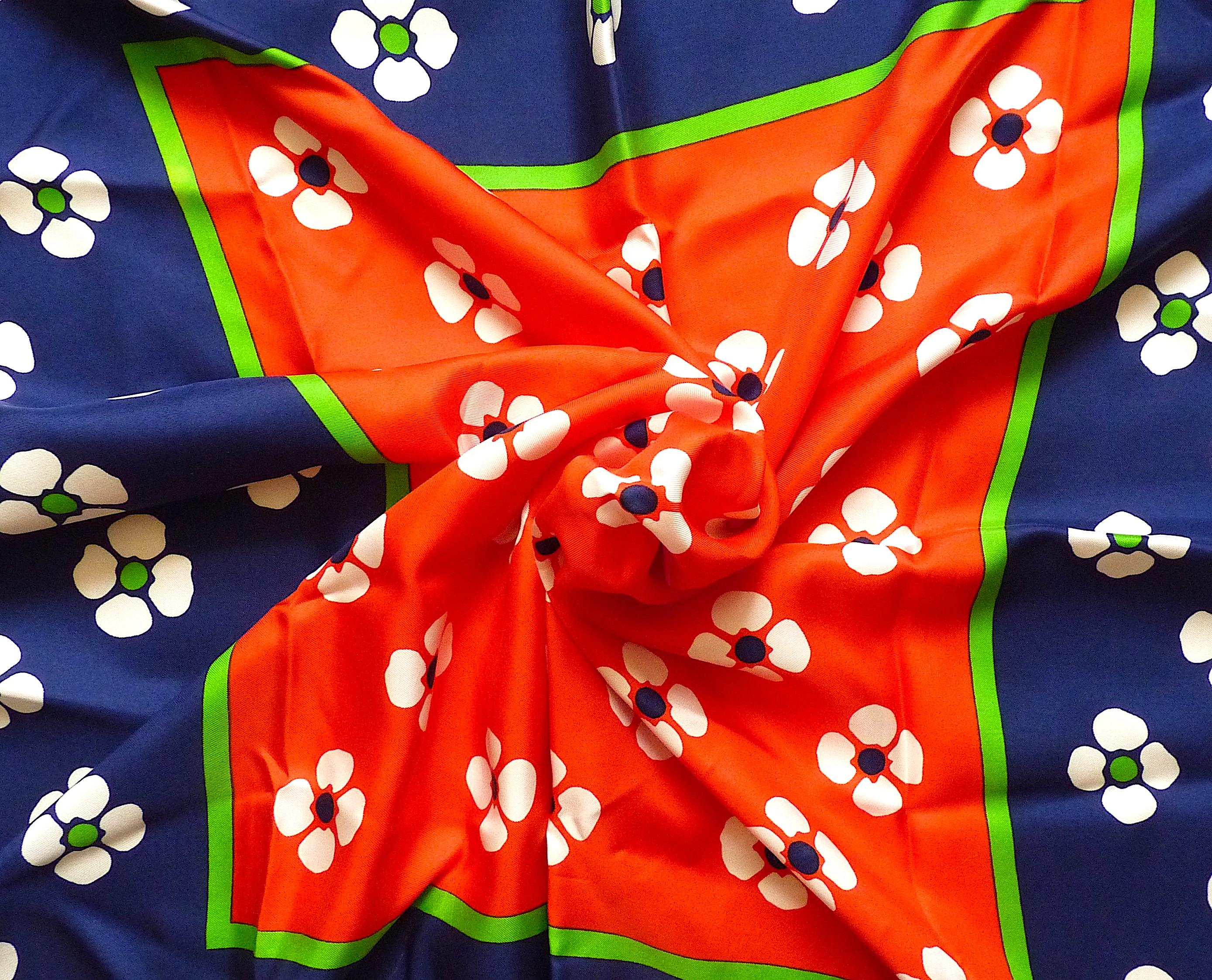 Yves Saint Laurent YSL Navy Red Green Flowers Silk Scarf from the 1970s 1