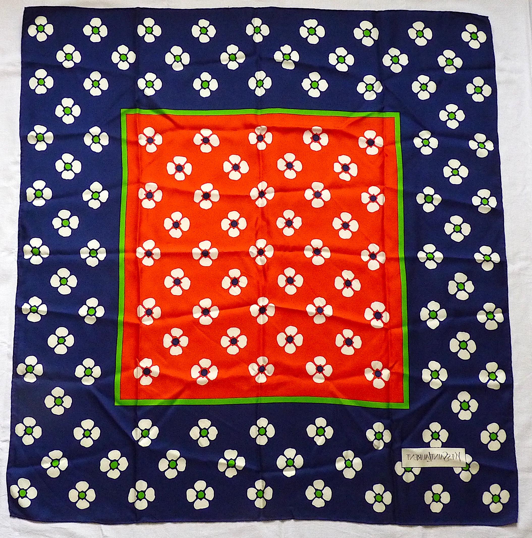 Yves Saint Laurent YSL Navy Red Green Flowers Silk Scarf from the 1970s 2