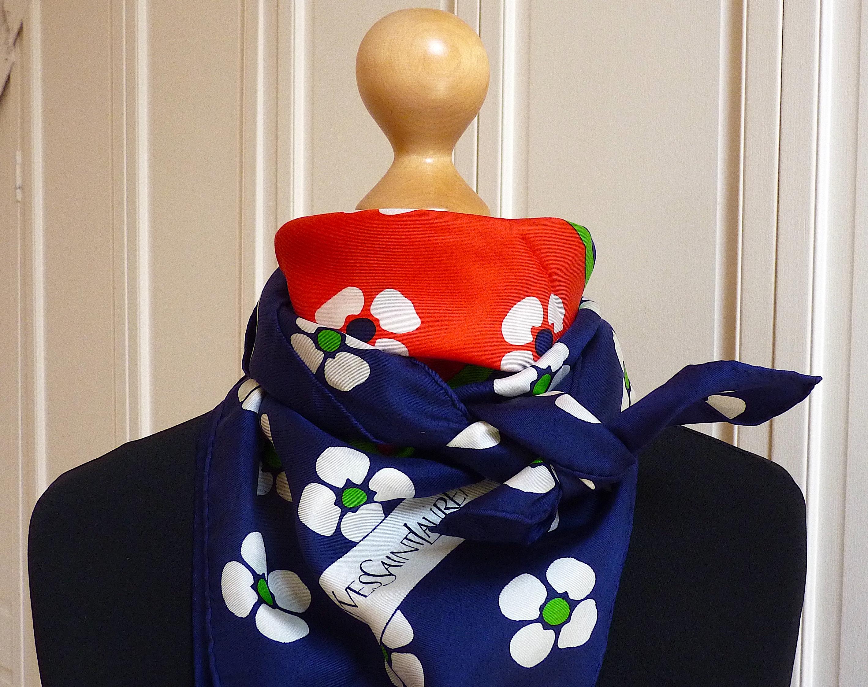 Yves Saint Laurent YSL Navy Red Green Flowers Silk Scarf from the 1970s 3