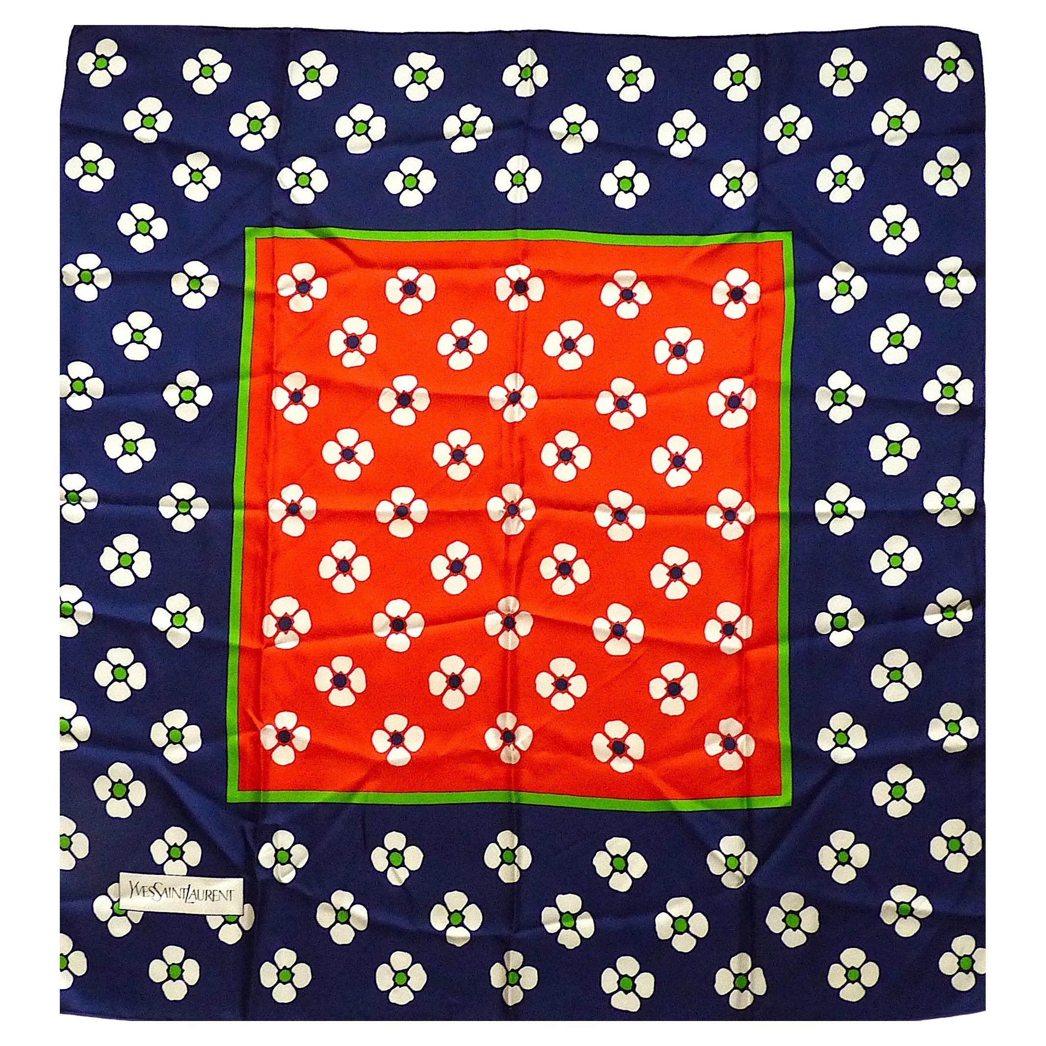 Yves Saint Laurent YSL Navy Red Green Flowers Silk Scarf from the 1970s