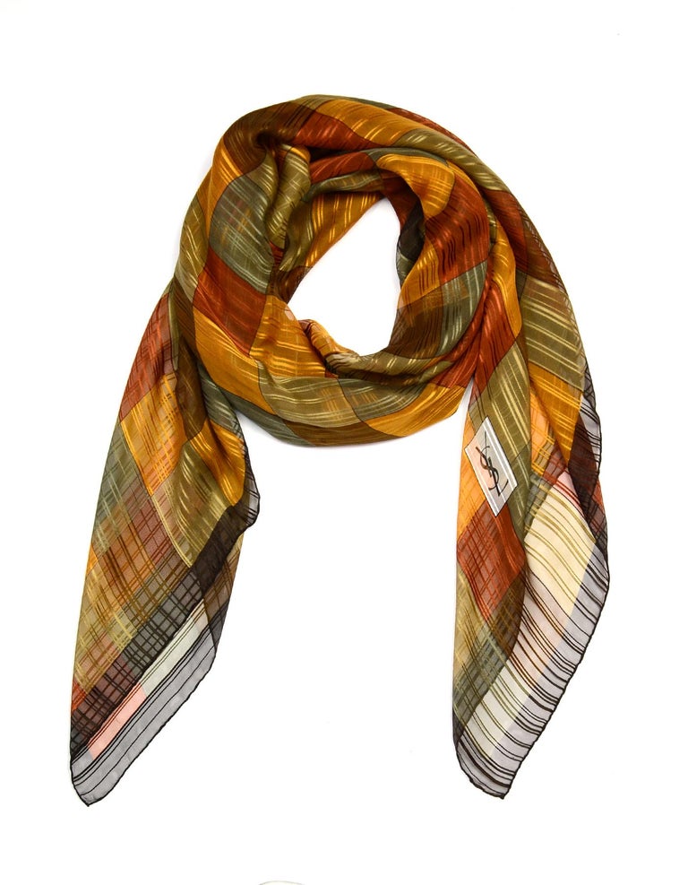Yves Saint Laurent YSL Orange/Brown Square Print Sheer Scarf 54