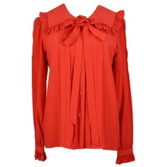 Yves Saint Laurent YSL Orange-Red Silk Ruffle Blouse With Sash/Belt, 1970s