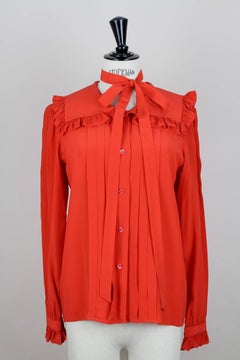 Yves Saint Laurent YSL Orange-Red Silk Ruffle Blouse With Sash/Belt, 1970s