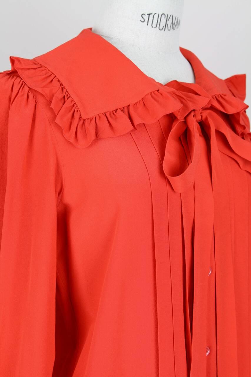 Women's Yves Saint Laurent YSL Orange-Red Silk Ruffle Blouse With Sash/Belt, 1970s