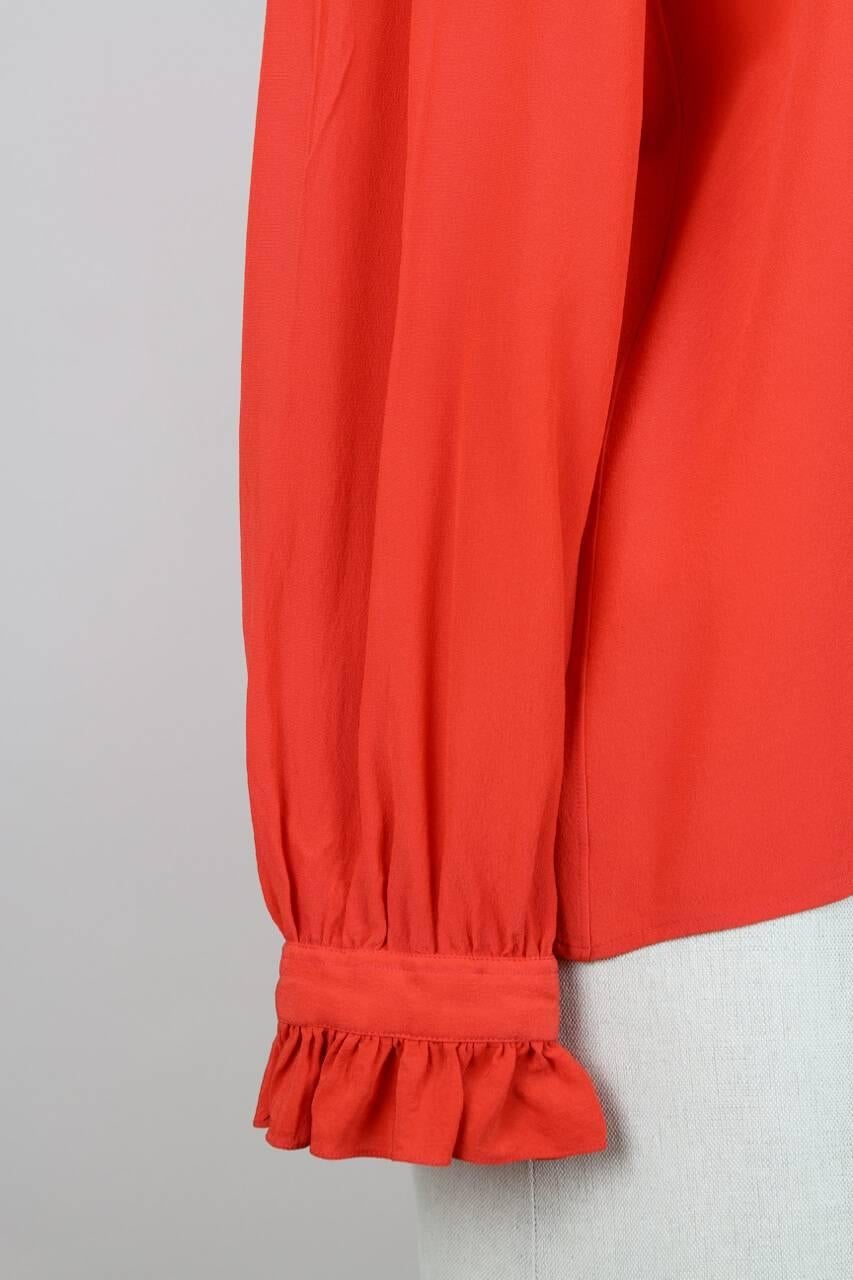 Yves Saint Laurent YSL Orange-Red Silk Ruffle Blouse With Sash/Belt, 1970s 1