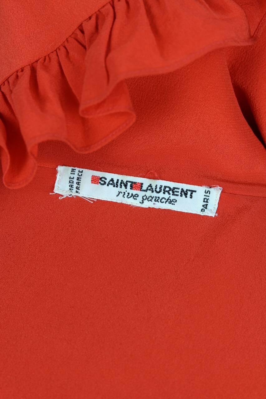 Yves Saint Laurent YSL Orange-Red Silk Ruffle Blouse With Sash/Belt, 1970s 2