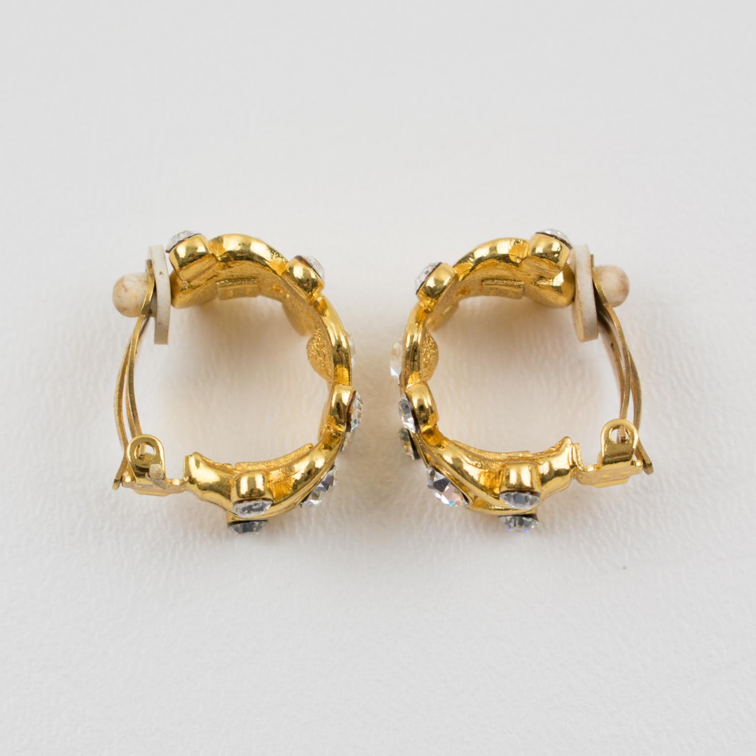 Yves Saint Laurent YSL Paris Jeweled Hoop Clip Earrings In Excellent Condition For Sale In Atlanta, GA
