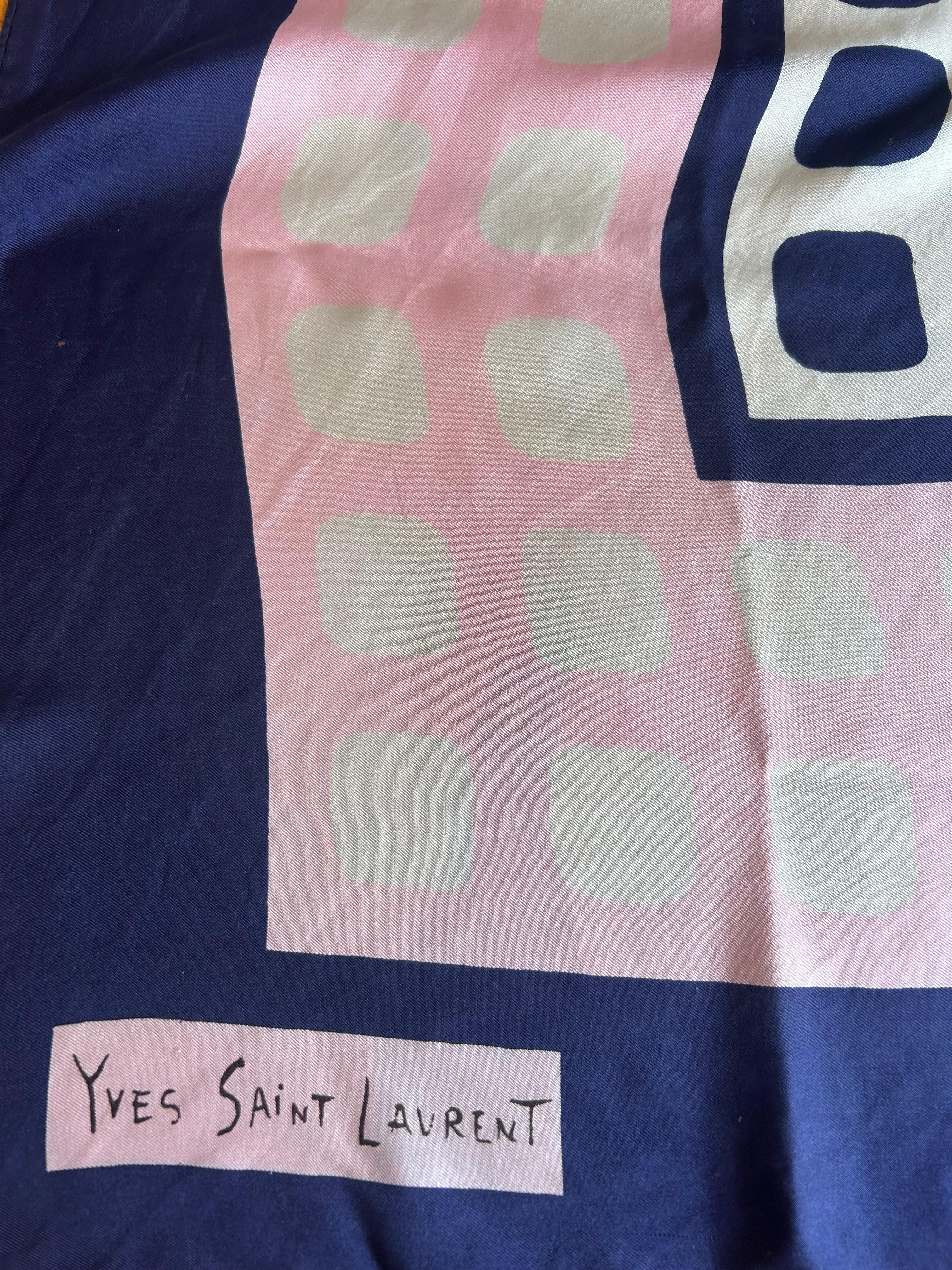 Yves Saint Laurent YSL Pink & Blue Silk Scarf In Good Condition For Sale In Palm Beach, FL
