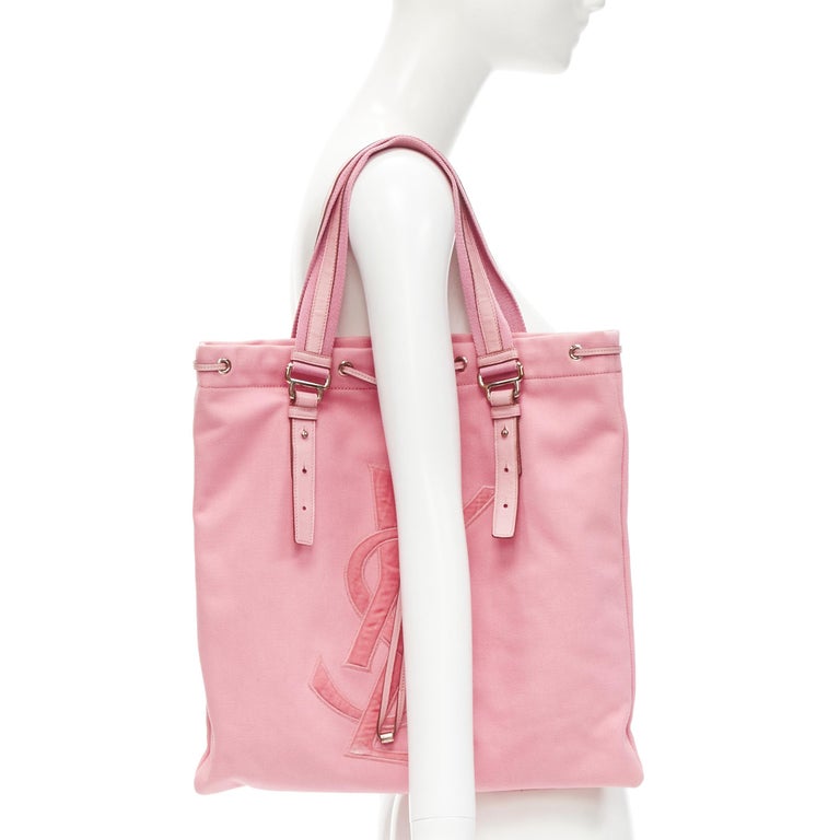YVES SAINT LAURENT YSL pink canvas velvet logo applique drawstring tote bag  at 1stDibs