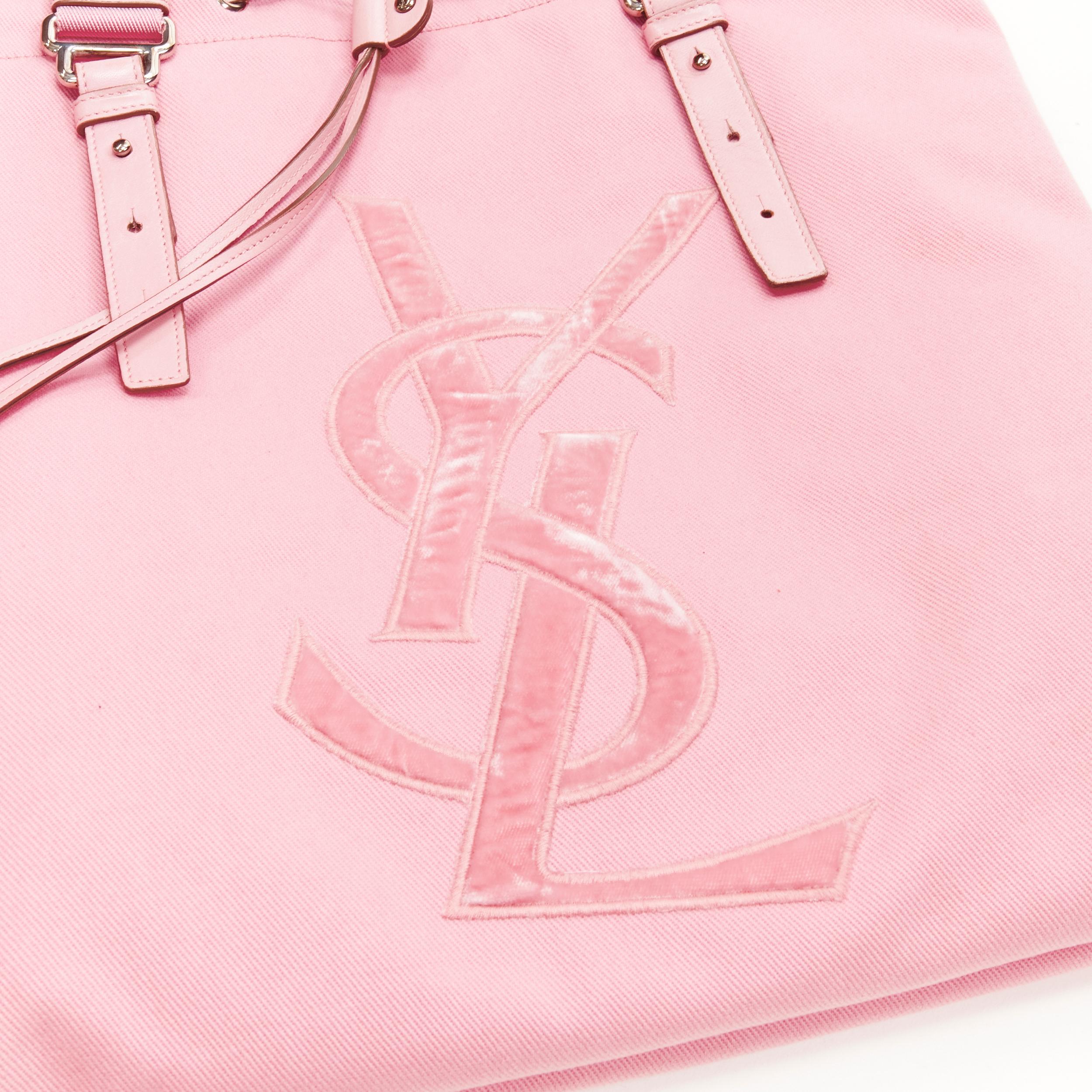 YVES SAINT LAURENT YSL pink canvas velvet logo applique drawstring tote bag 1