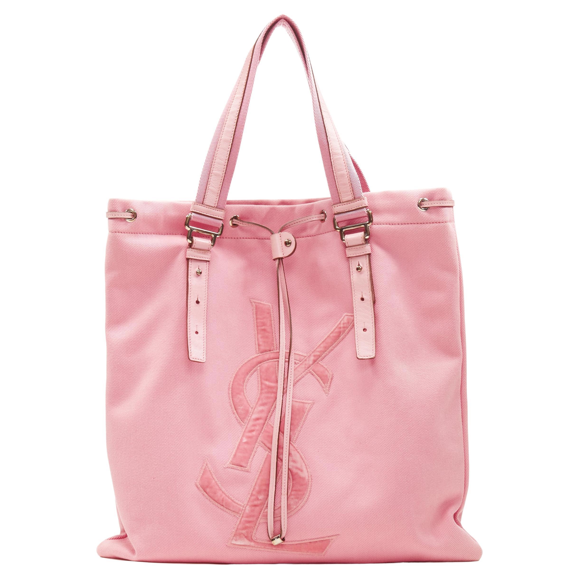 YVES SAINT LAURENT YSL pink canvas velvet logo applique drawstring tote bag  at 1stDibs