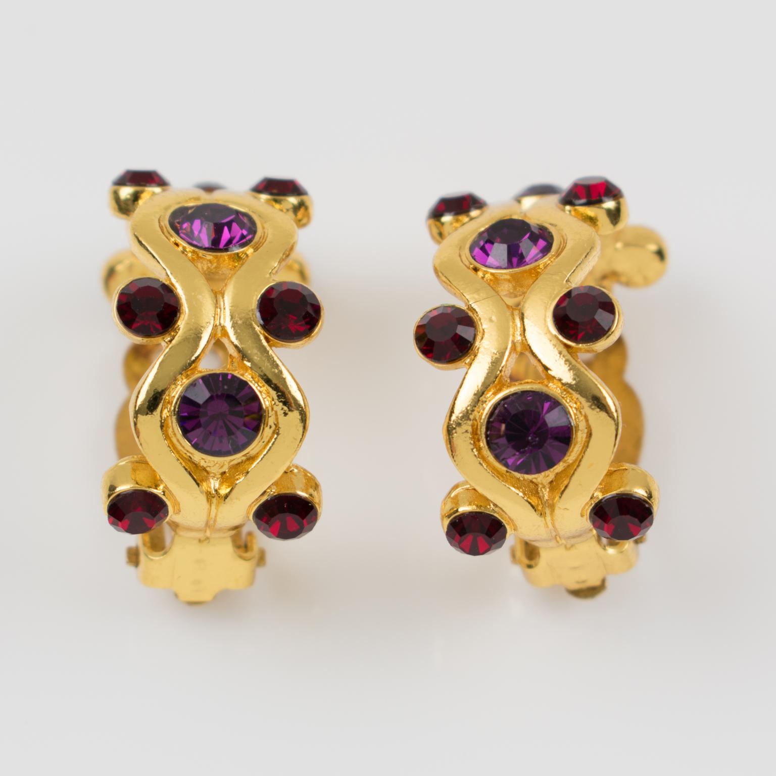 Women's or Men's Yves Saint Laurent YSL Purple Jeweled Hoop Clip Earrings