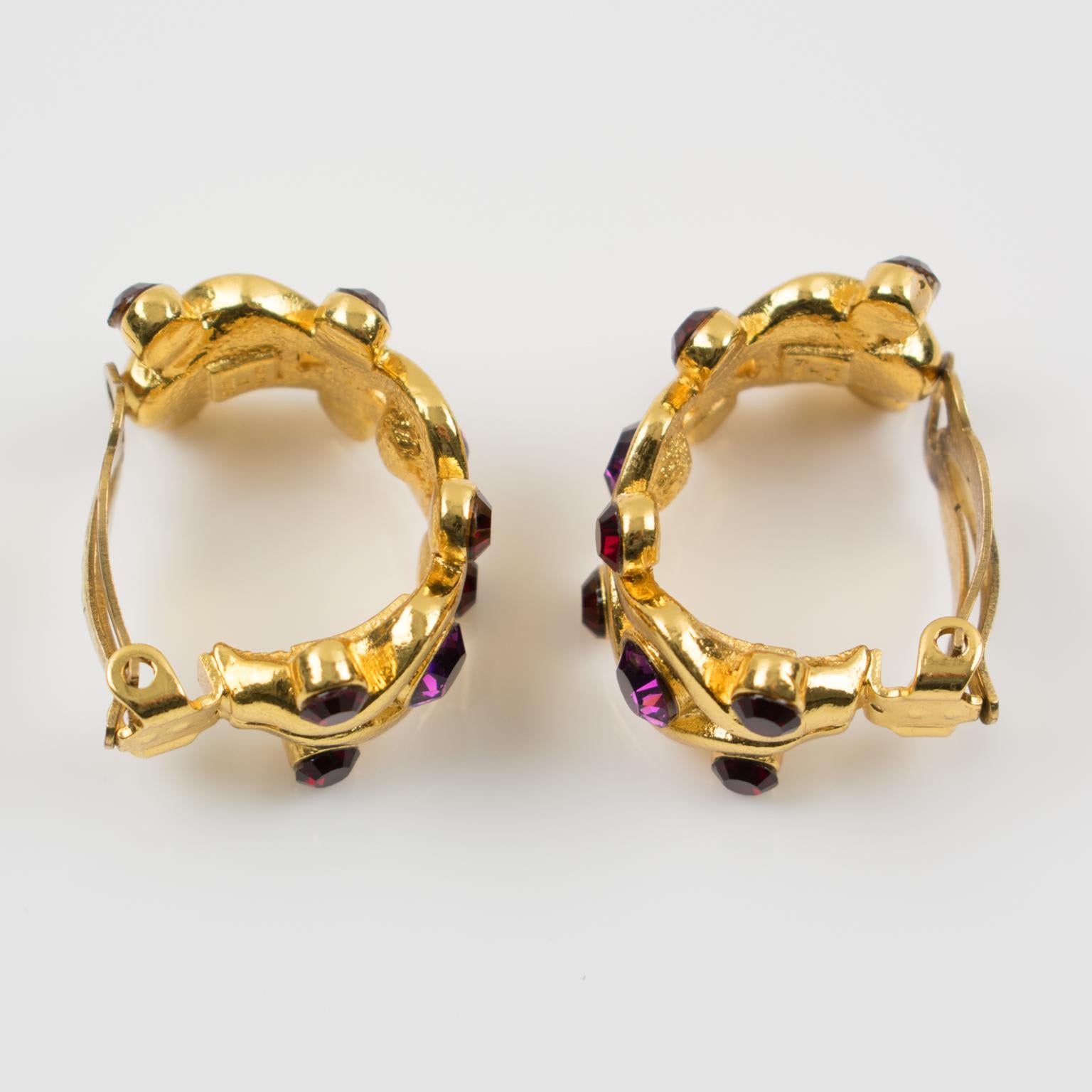 Yves Saint Laurent YSL Purple Jeweled Hoop Clip Earrings 1