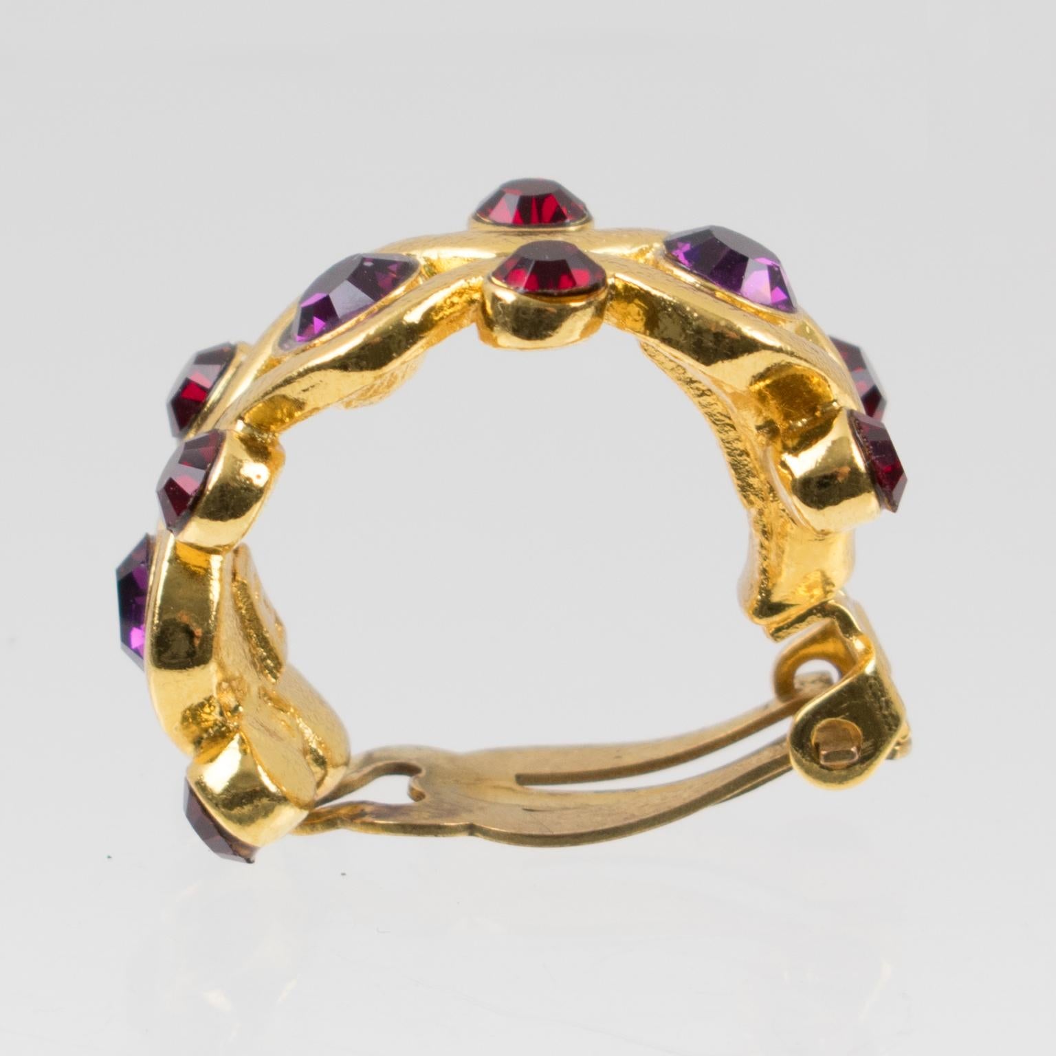 Yves Saint Laurent YSL Purple Jeweled Hoop Clip Earrings 4