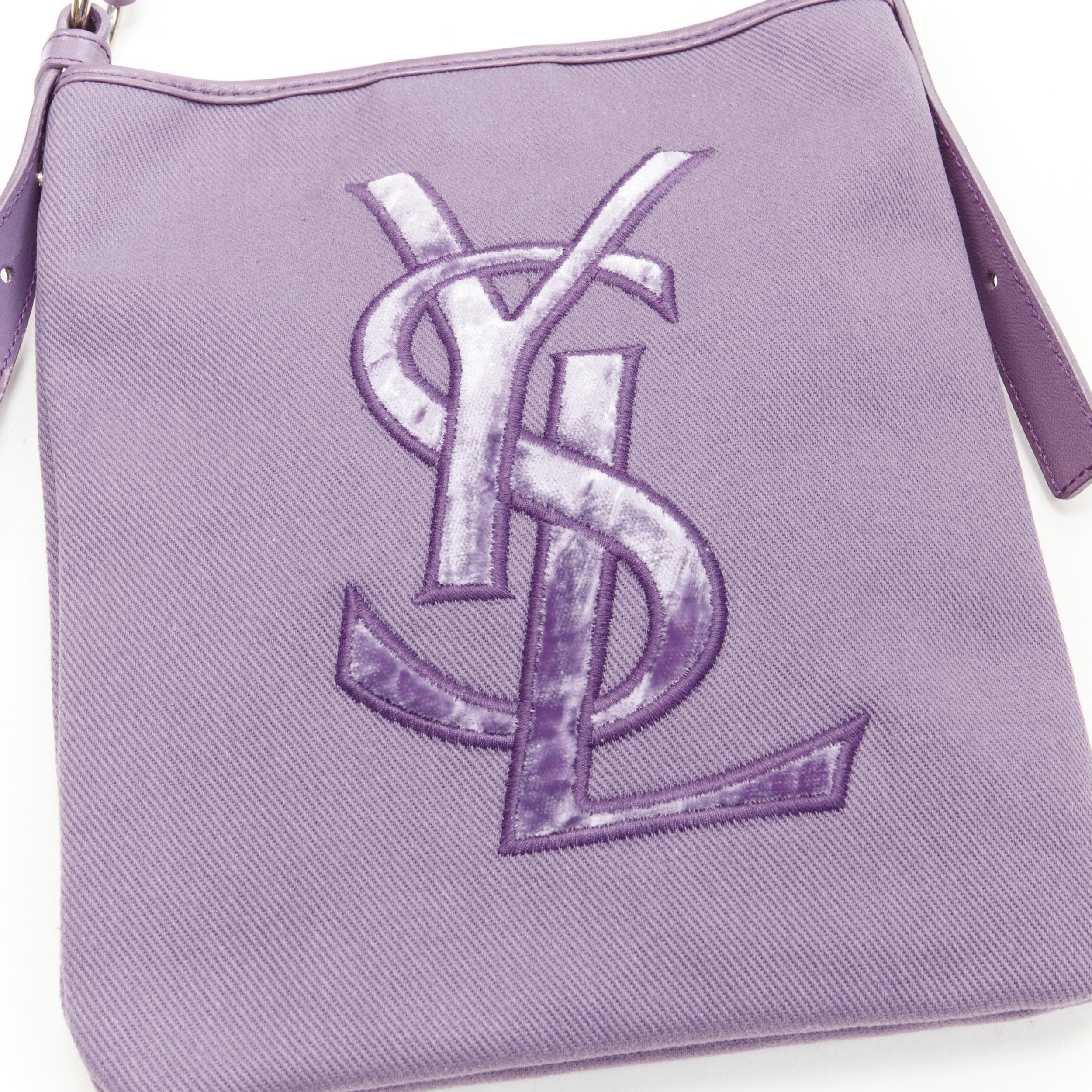 YVES SAINT LAURENT YSL purple velvet logo canvas leather crossbody strap bag 1