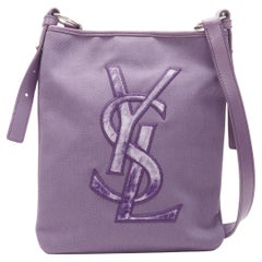 YVES SAINT LAURENT YSL purple velvet logo canvas leather crossbody strap bag