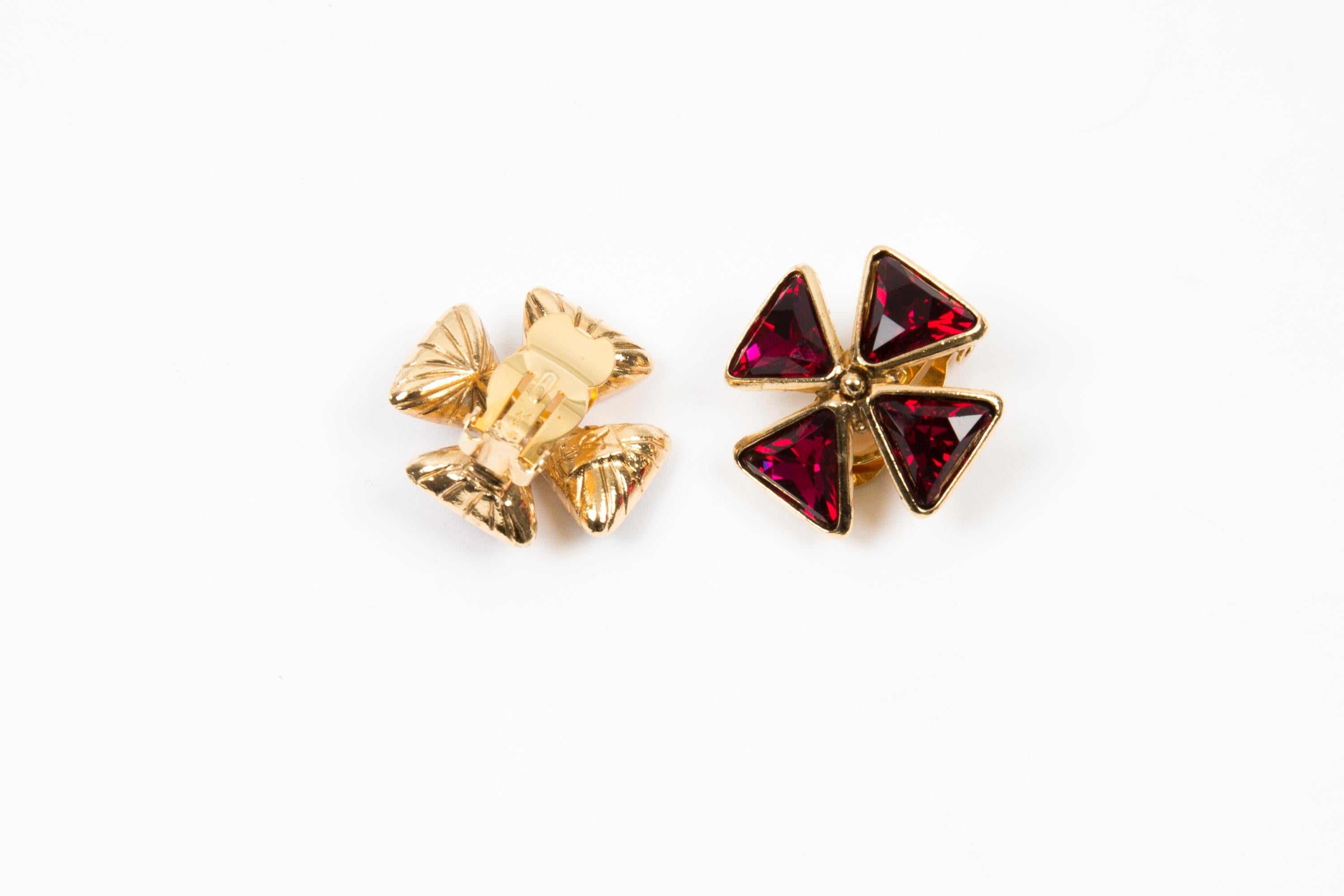 Yves Saint Laurent YSL Red Crystal Embellished Cross Clip on Earrings For Sale 1