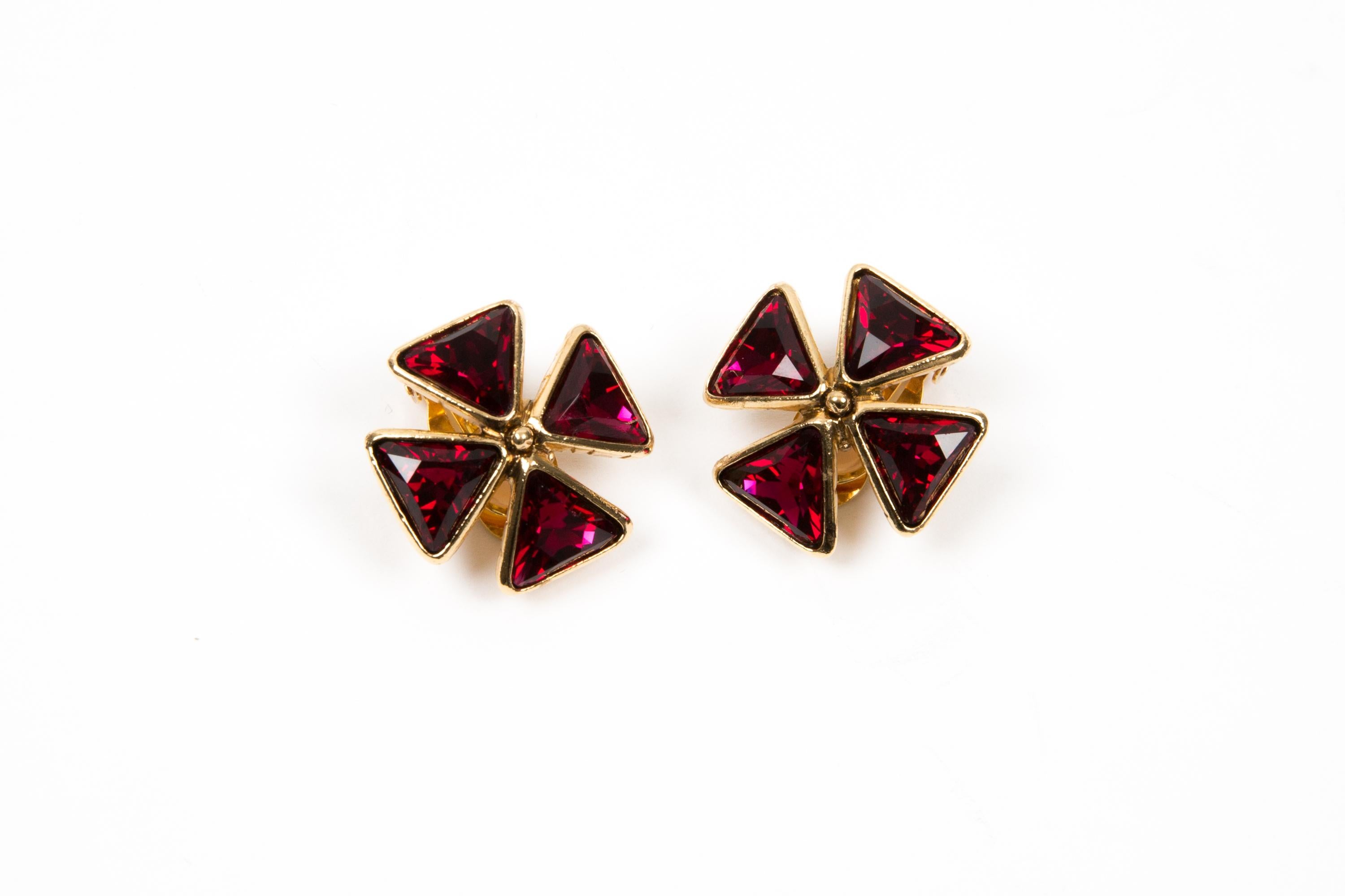 Yves Saint Laurent YSL Red Crystal Embellished Cross Clip on Earrings For Sale 2