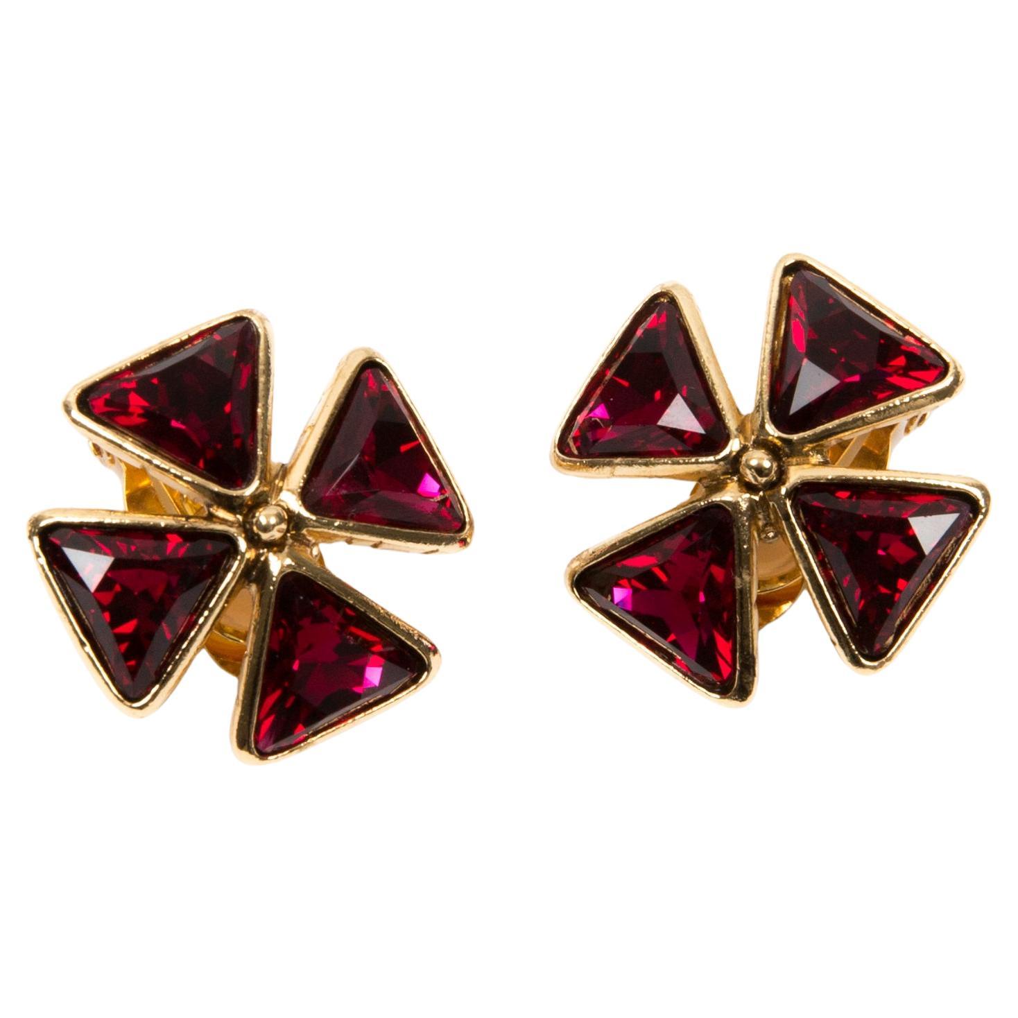 Yves Saint Laurent YSL Red Crystal Embellished Cross Clip on Earrings For Sale