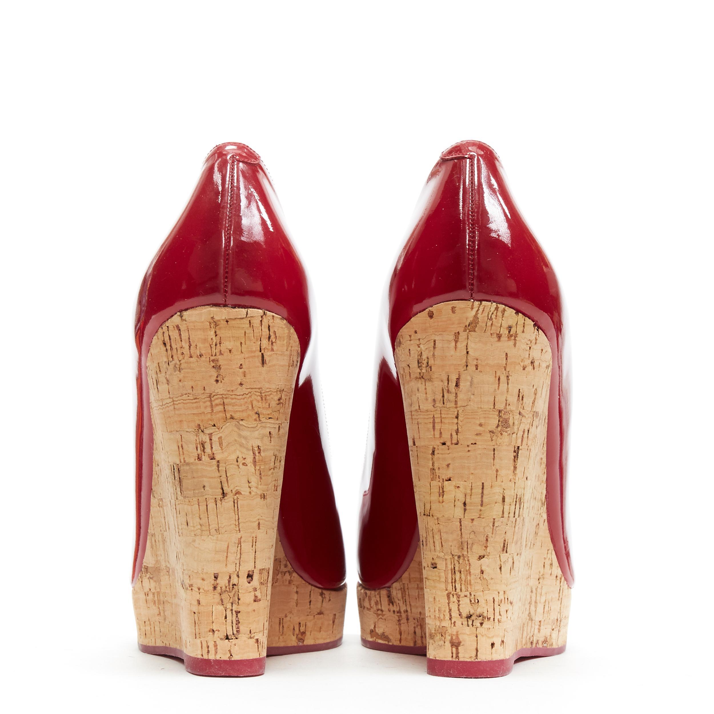 Women's YVES SAINT LAURENT YSL red patent leather round toe cork wedge platform EU39