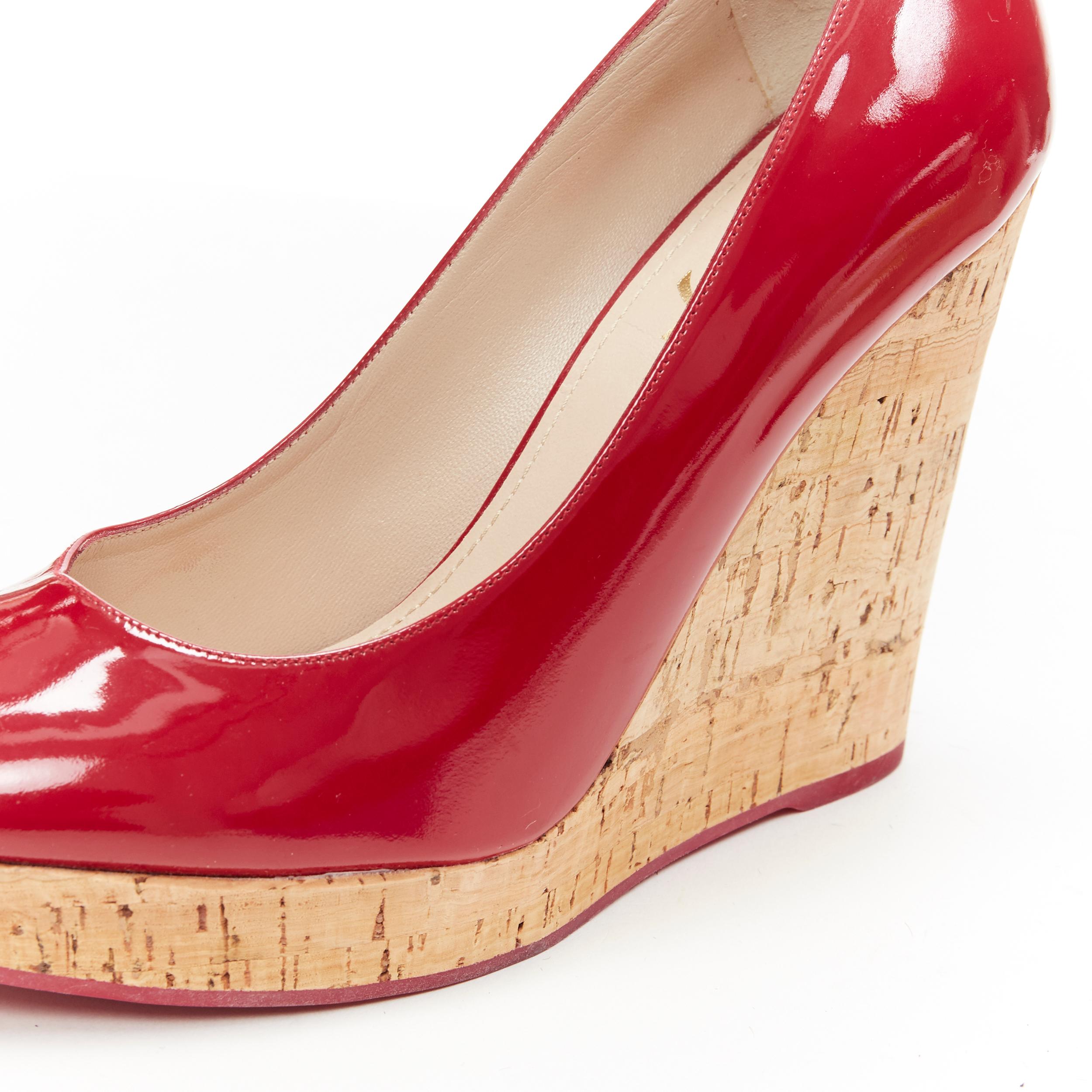 YVES SAINT LAURENT YSL red patent leather round toe cork wedge platform EU39 3