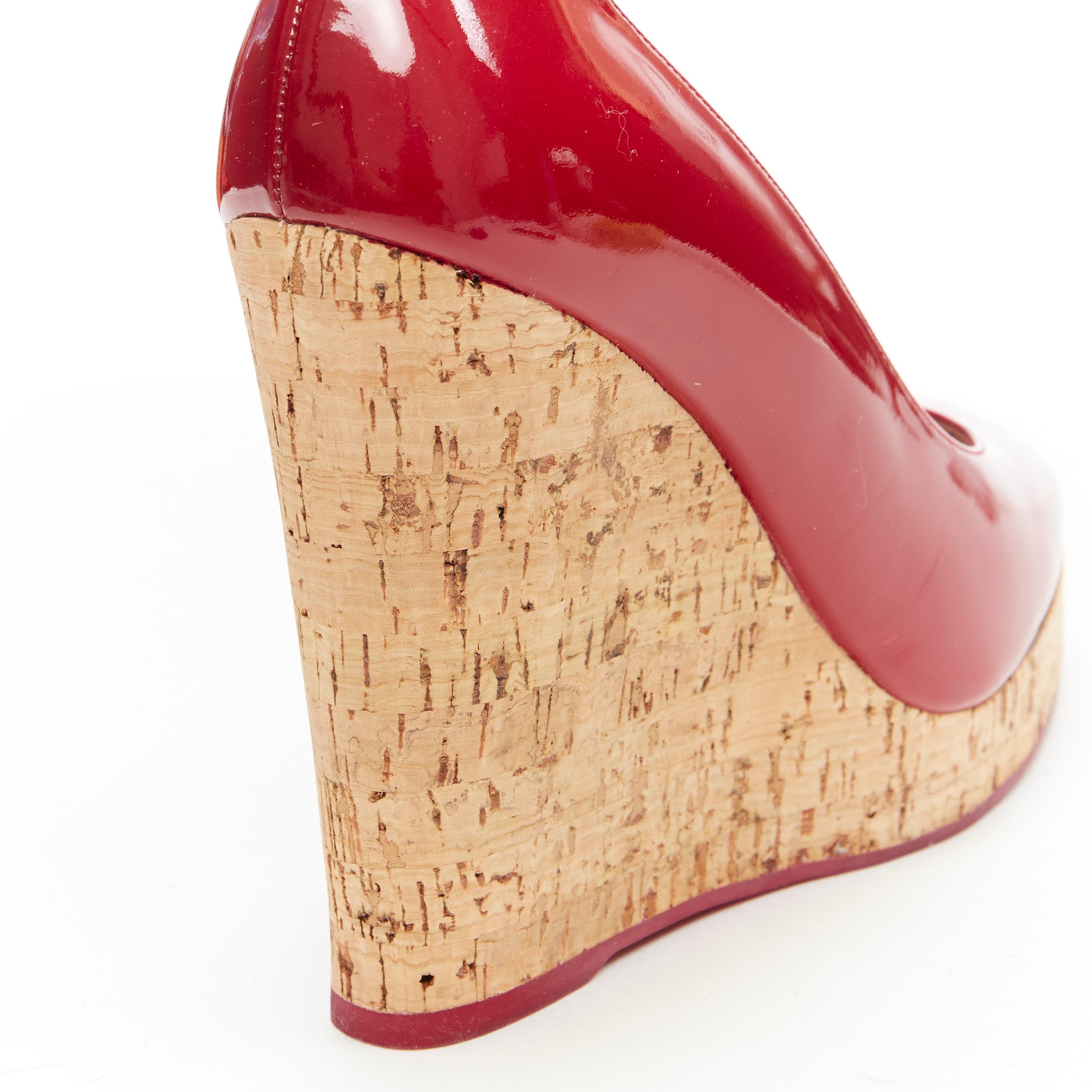 YVES SAINT LAURENT YSL red patent leather round toe cork wedge platform EU39 4