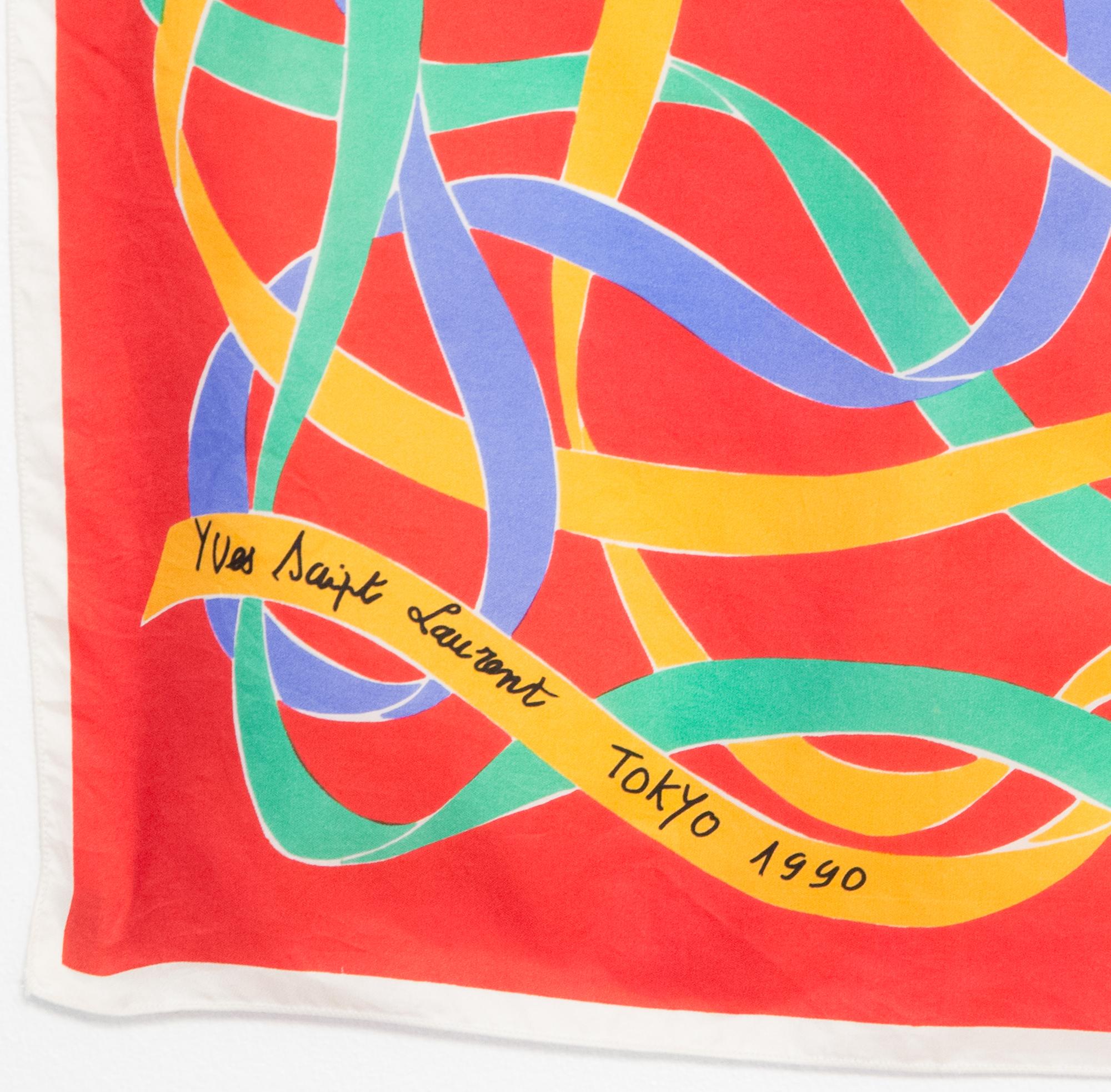 Women's or Men's Yves Saint Laurent YSL Red Ribbons Tokyo 1990 Silk Scarf For Sale