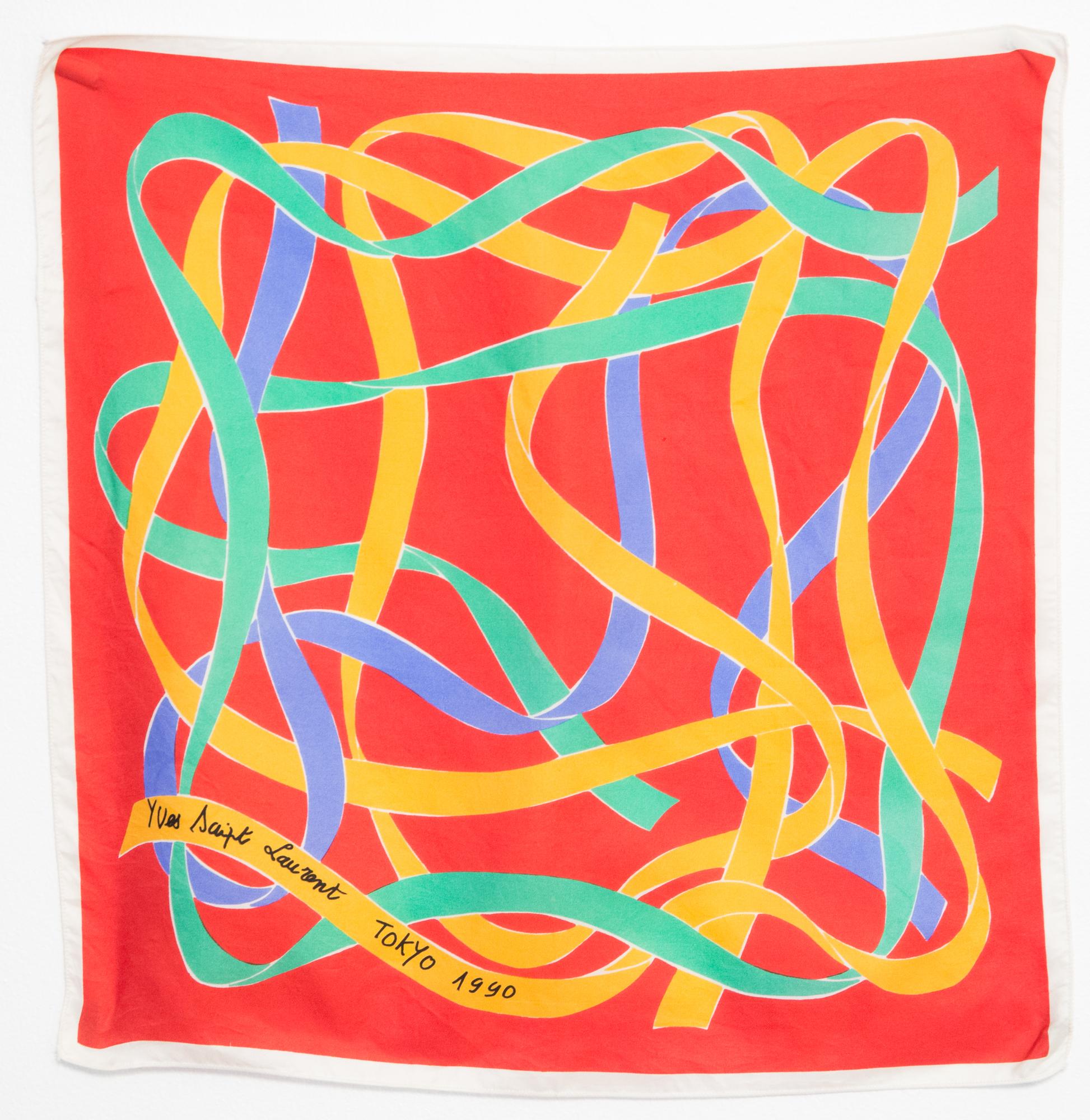  Yves Saint Laurent YSL Red Ribbons Tokyo 1990 Silk Scarf For Sale 2