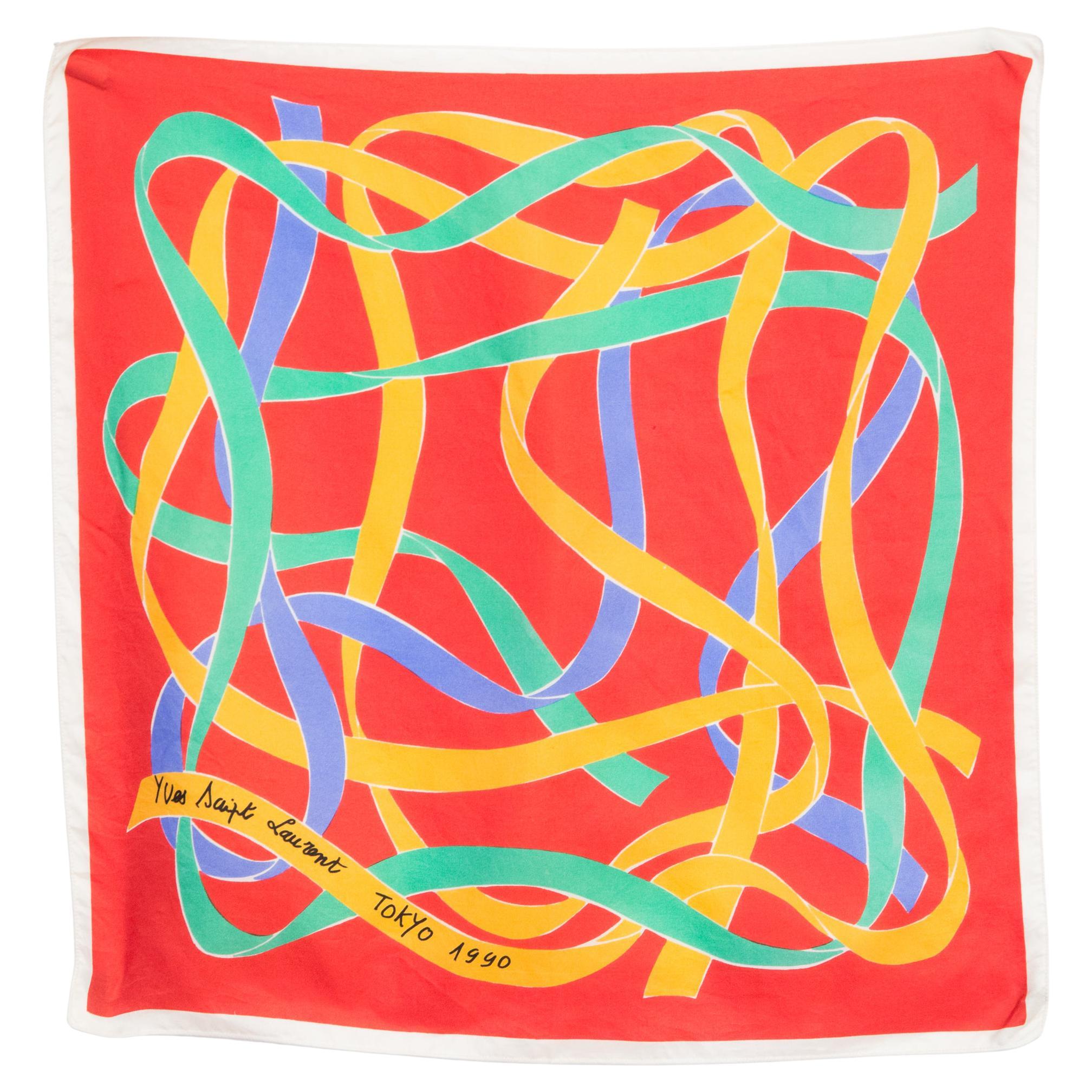  Yves Saint Laurent YSL Red Ribbons Tokyo 1990 Silk Scarf For Sale