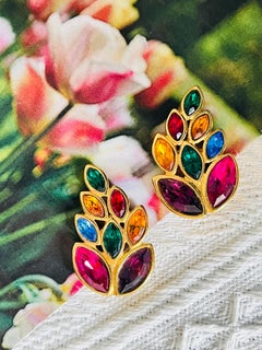 Yves Saint Laurent YSL Red Ruby Sapphire Emerald Crystals Marquise Leaf Earrings