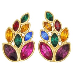 Yves Saint Laurent YSL Red Ruby Sapphire Emerald Crystals Marquise Leaf Earrings