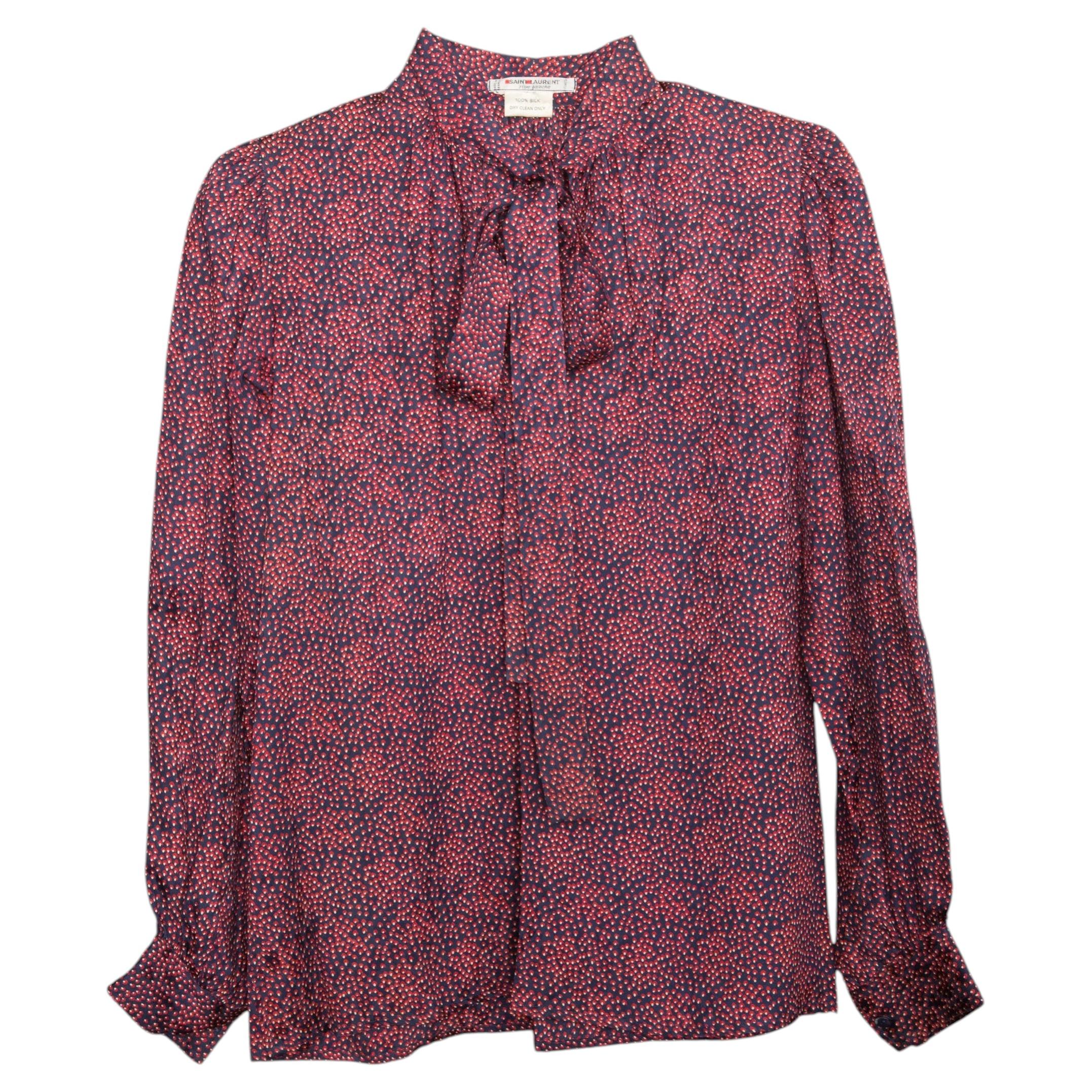 Pre-owned Saint Laurent Yves  Ysl Red Silk Printed Lavalliere Blouse