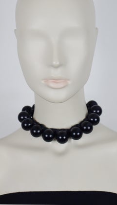 YVES SAINT LAURENT YSL Rive Gauche Resin Black Ball & Leather Choker Necklace