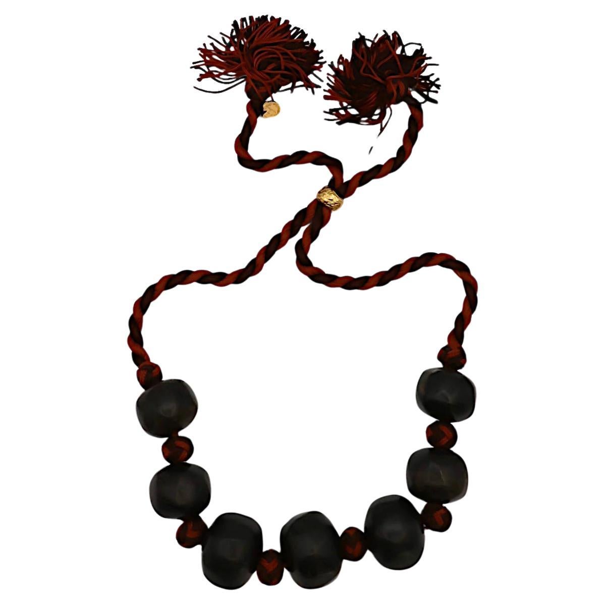 YVES SAINT LAURENT YSL Rive Gauche Rope Tassel & Carved Wood Ball Necklace