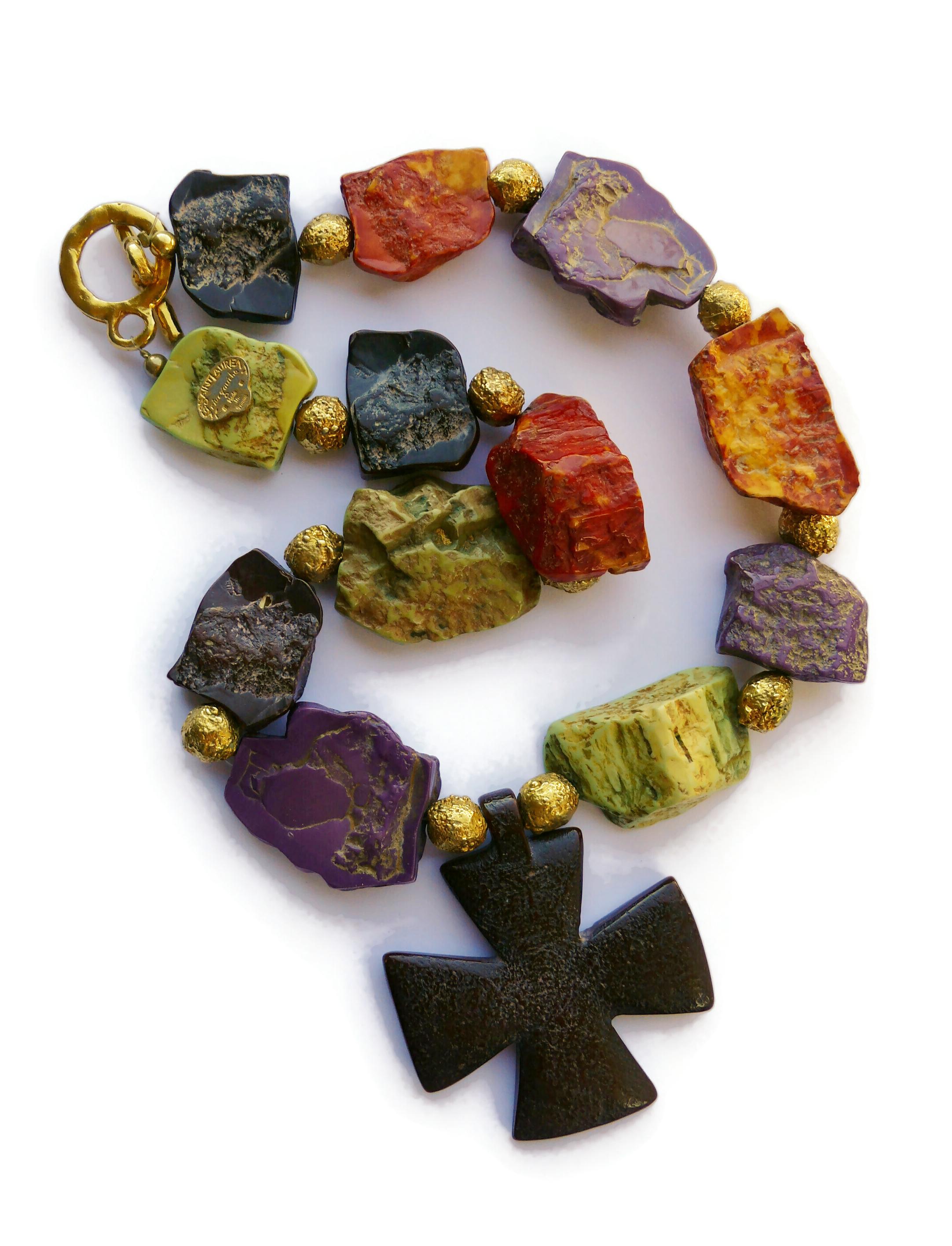 YVES SAINT LAURENT YSL Rive Gauche Vintage Faux Stones Cross Pendant Necklace For Sale 5