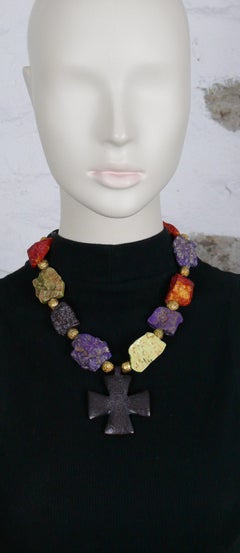 YVES SAINT LAURENT YSL Rive Gauche Vintage Faux Stones Cross Pendant Necklace