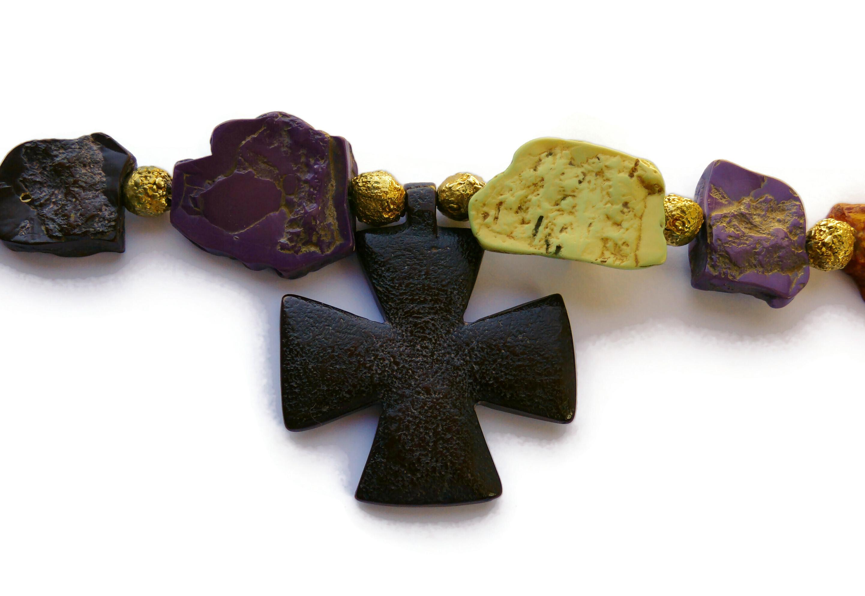 YVES SAINT LAURENT YSL Rive Gauche Vintage Faux Stones Cross Pendant Necklace For Sale 1