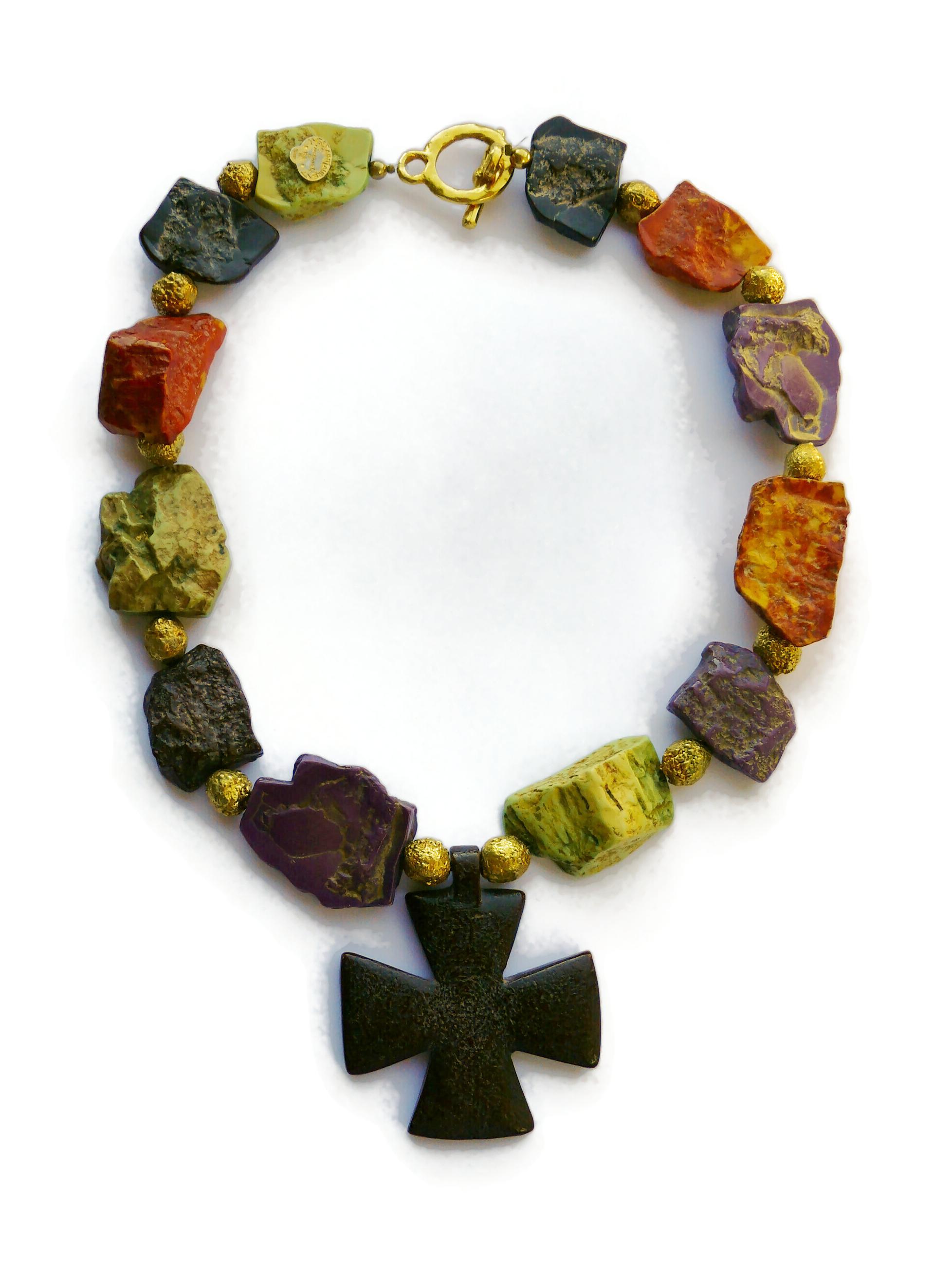YVES SAINT LAURENT YSL Rive Gauche Vintage Faux Stones Cross Pendant Necklace For Sale 4