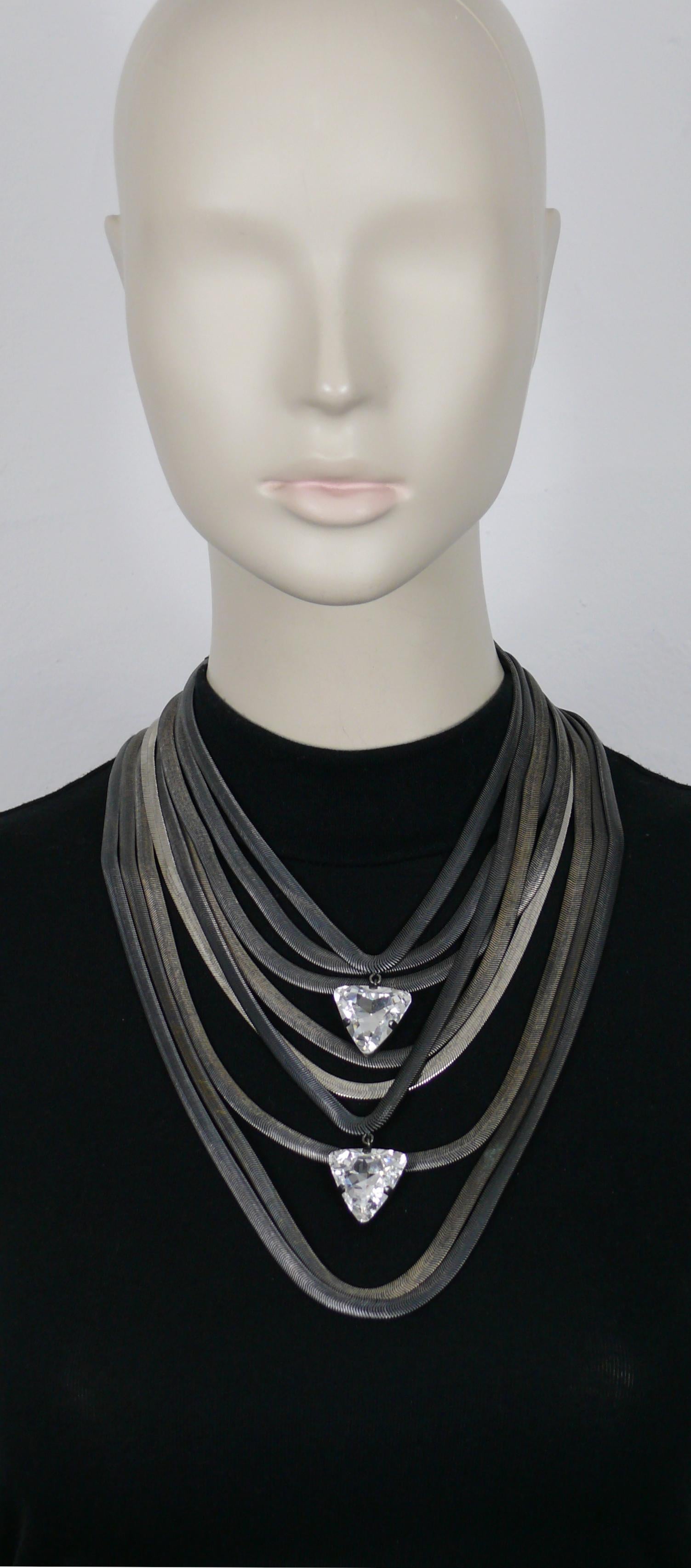 YVES SAINT LAURENT Rive Gauche vintage multi-strand oxidized (gun patina) silver tone snake chains necklace featuring two large rectangular clear crystals.

S hook closure.

Embossed YVES SAINT LAURENT RIVE GAUCHE.
Made in France.

Indicative