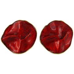 Yves Saint Laurent YSL Rive Gauche Vintage Red Enamel Creased Clip-On Earrings