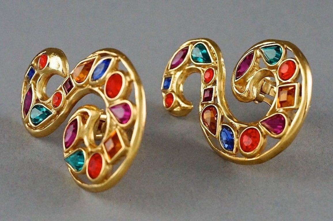 YVES SAINT LAURENT YSL Robert Goossens Scroll Multi Colored Rhinestone Earrings In Excellent Condition For Sale In Kingersheim, Alsace