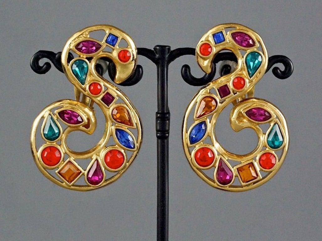 YVES SAINT LAURENT YSL Robert Goossens Scroll Multi Colored Rhinestone Earrings For Sale 1