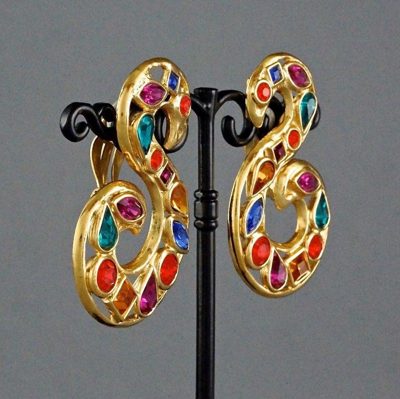 YVES SAINT LAURENT YSL Robert Goossens Scroll Multi Colored Rhinestone Earrings For Sale 2