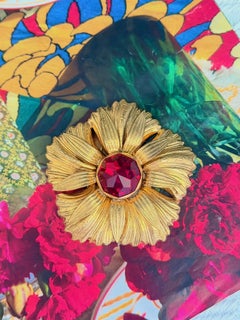 Yves Saint Laurent YSL Roger Scemama Large Ruby Crystal Flower Chunky Brooch